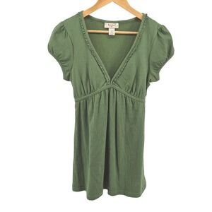 Self Esteem Green Babydoll Textured V Neck Tie Waist Top Sz L Y2K Boho Summer